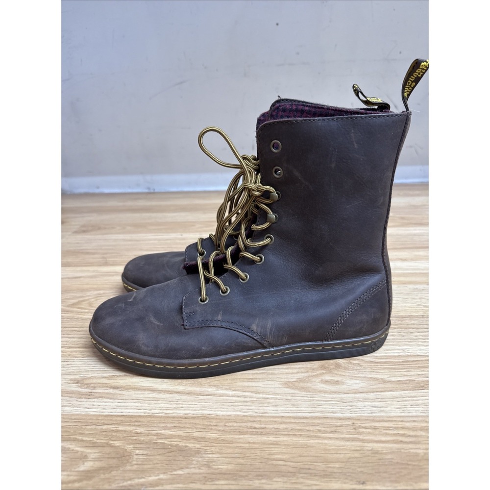 Dr Martens Boots Womens 10 Tehani‎ Fold Down Red Plaid Brown Leather Air Wair - Picture 3 of 6